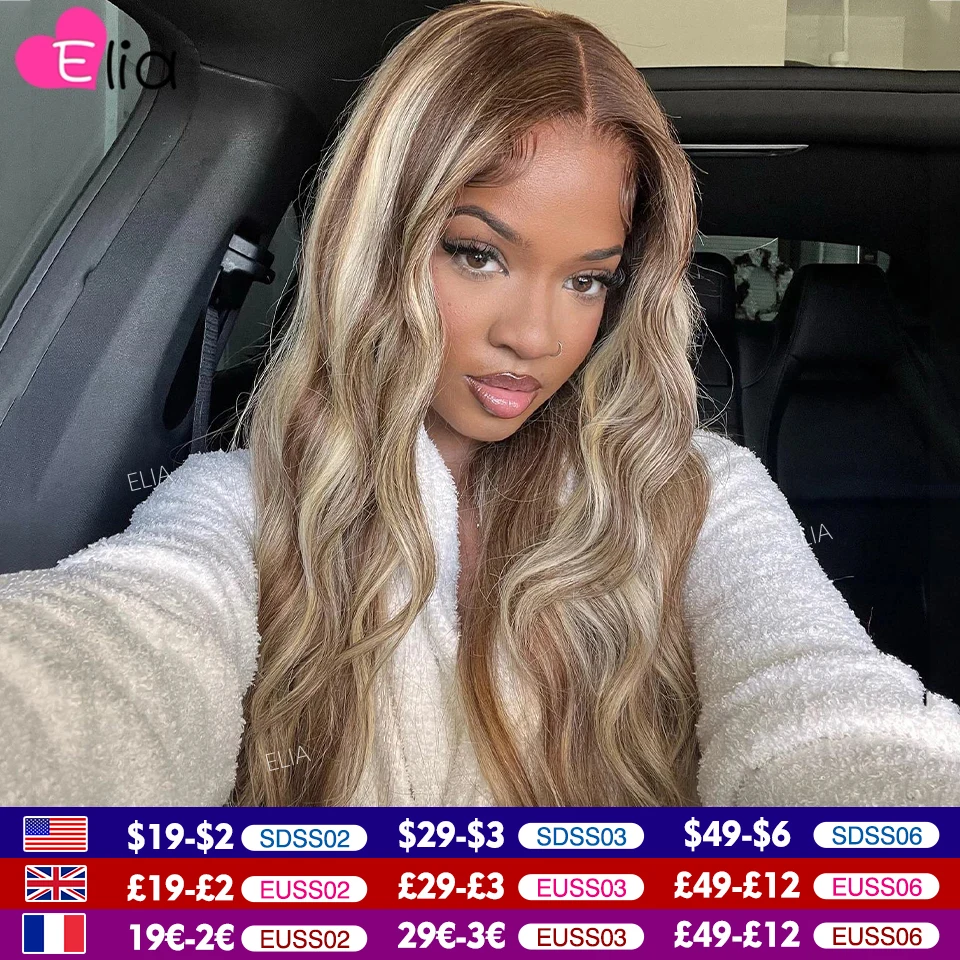 Light Chestnut Brown Highlight Brazilian Human Hair Wig Sale 30 Inch 13*6 Lace Frontal Body Wave Wig Transparent Lace Elia Hair