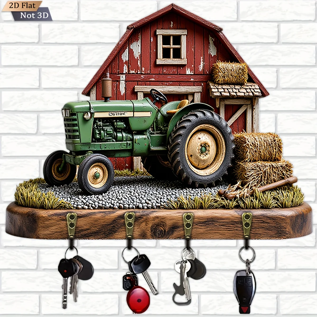 2D Flat, 1pc, Tractor Barn Key Hook Wooden Multifunctional Home Key Holder with Four Metal Hooks, Wall Decoration, Porch