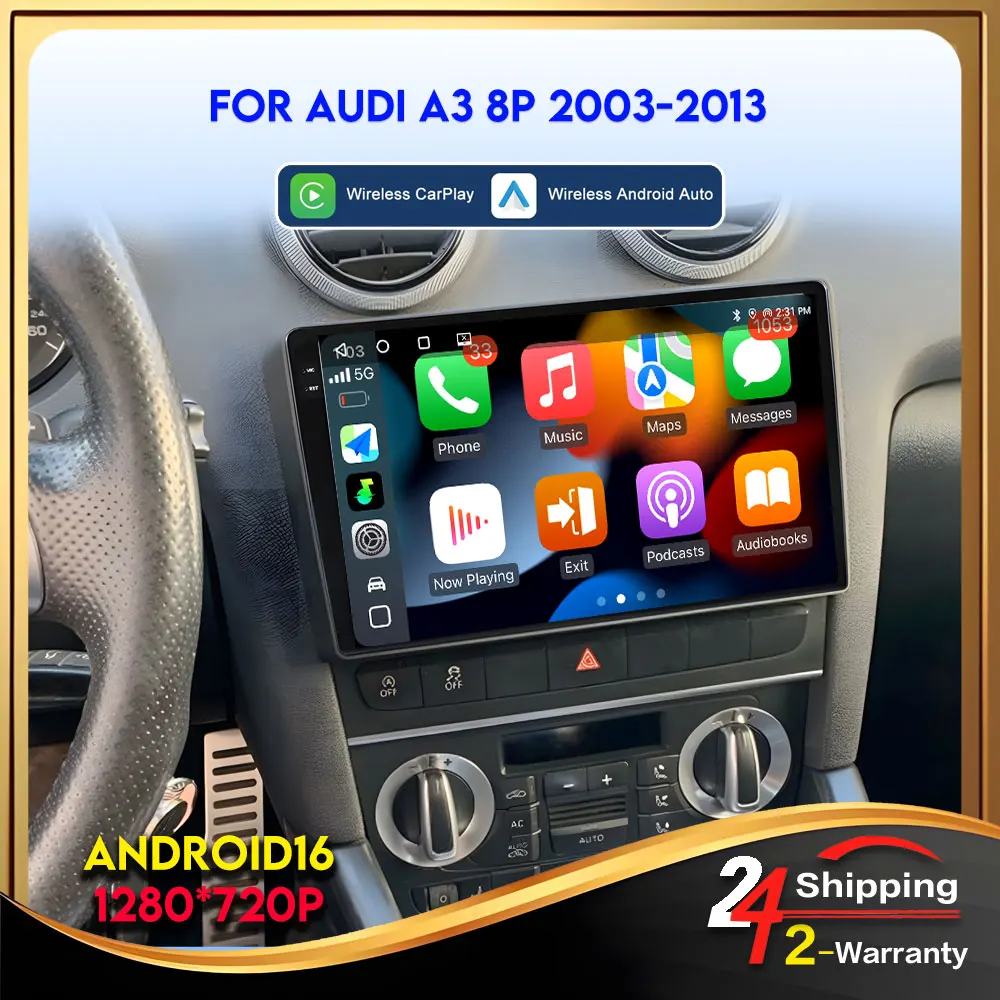 2Din Android Carplay Android Auto For Audi A3 8P 2003-2013 Wireless Bluetooth Car Multimedia Android 16 8Core 8 256G 360 Camera
