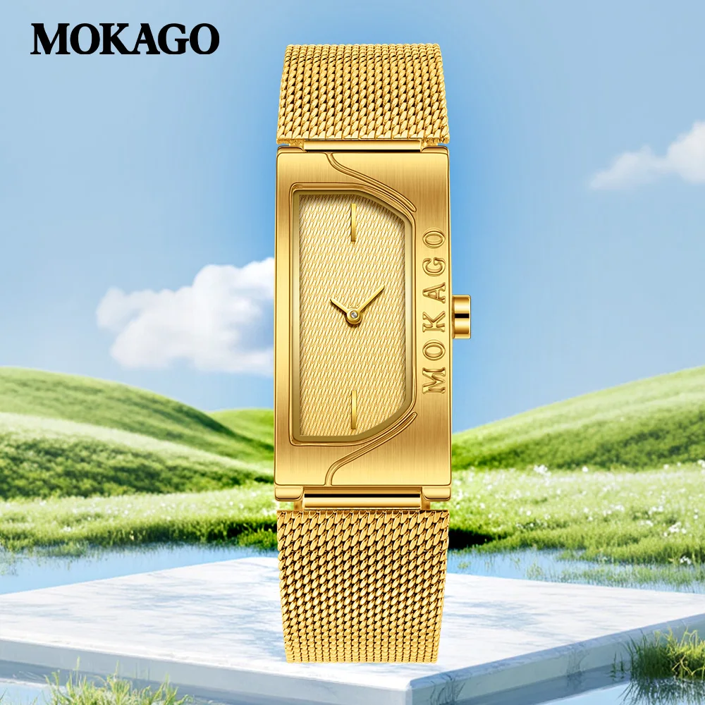 Женские винтажные золотые прямоугольные аналоговые кварцевые часы с сетчатым ремешком из нержавеющей стали, модные повседневные водонепроницаемые женские часы