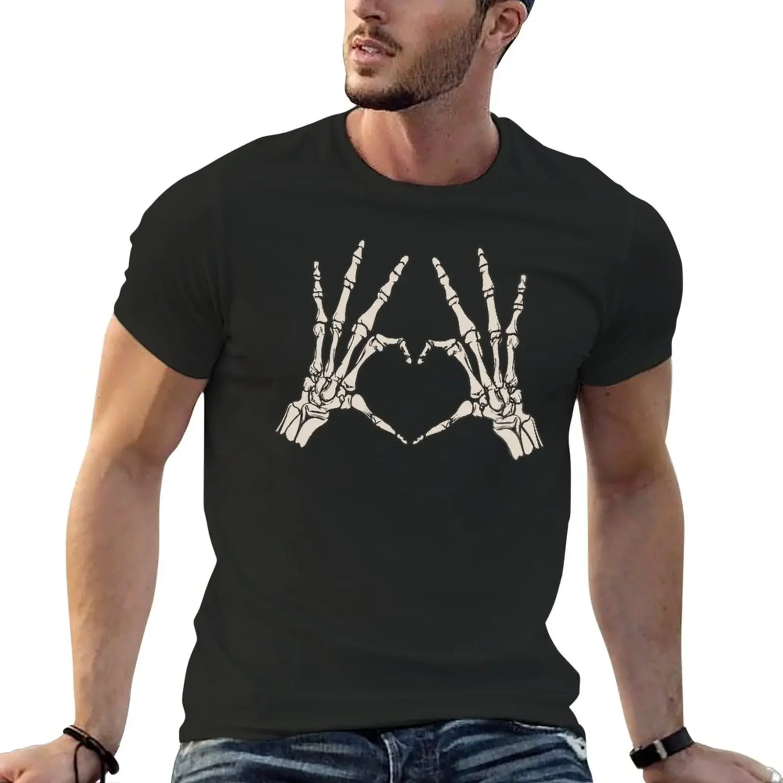 

New Skeleton Heart Hand Bones Love Symbol Funny Skull Halloween Costume T-Shirt custom t shirts design your own t shirts for men