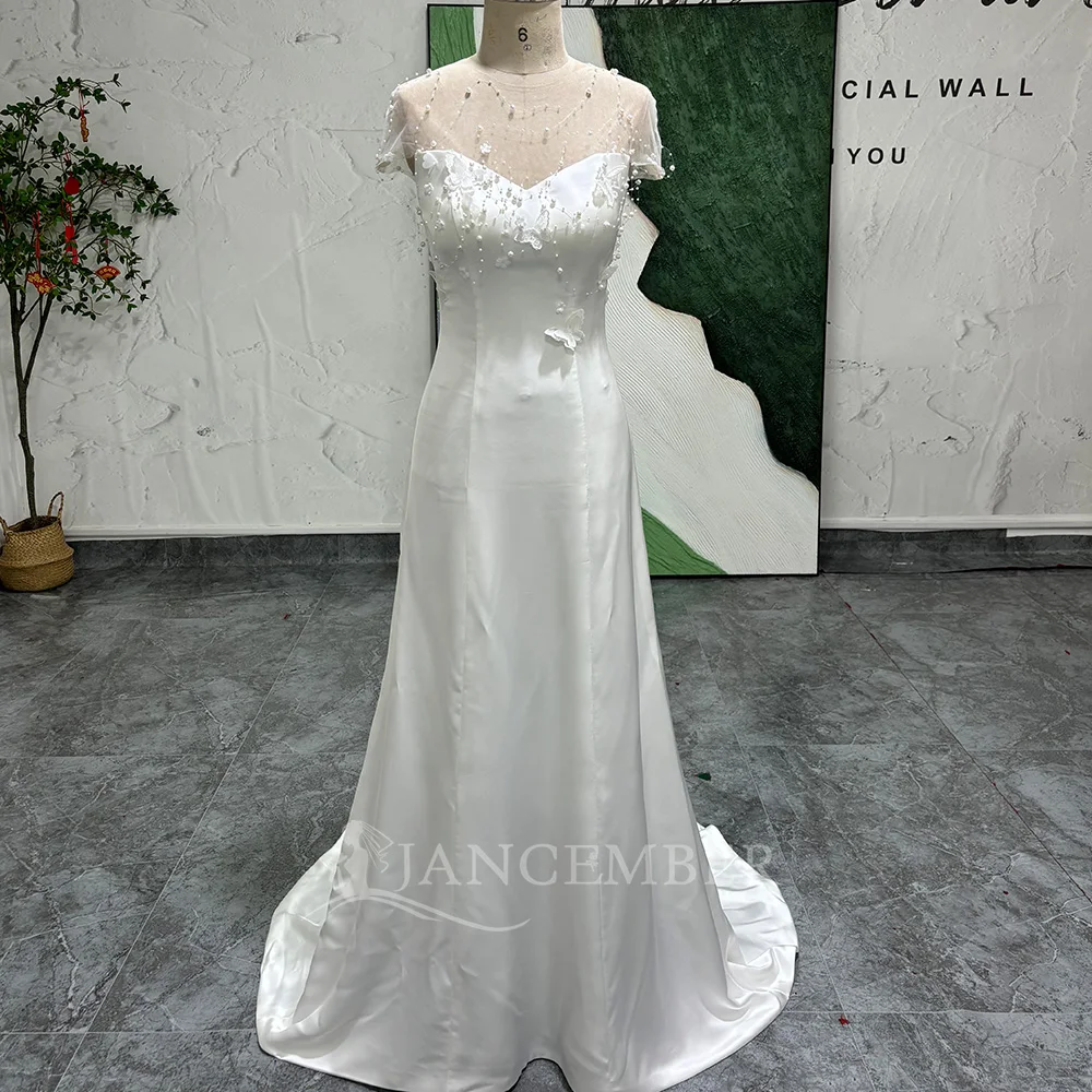 Dostosowane seksowna suknia ślubna z krótkim rękawem i odkrytymi plecami linia A nowa suknia ślubna z koralikami elegancka O-Neck plaża suknia dla panny młodej Vestidos de novia