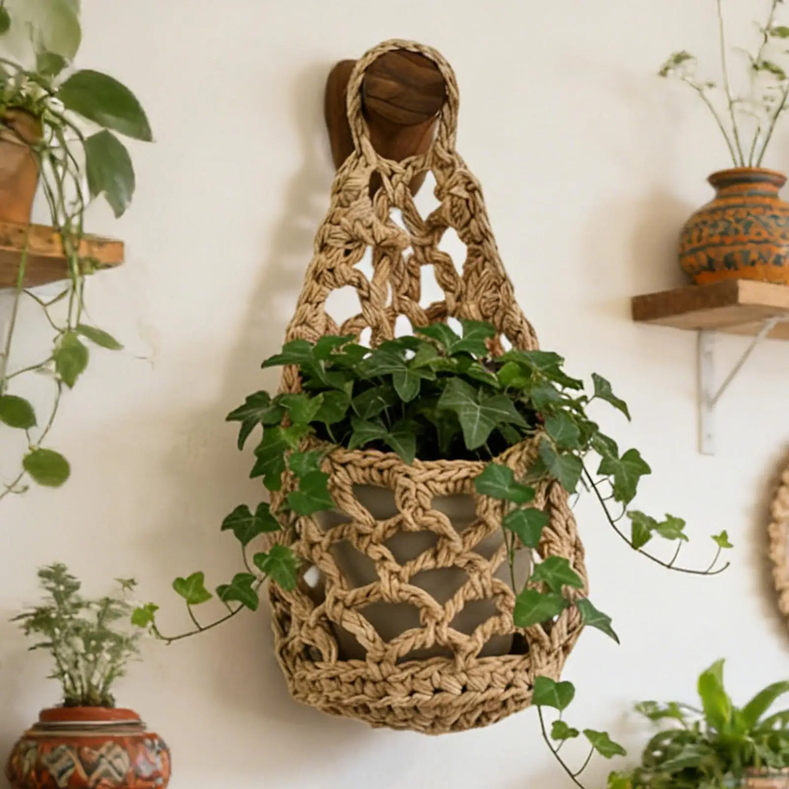 Plant Wall Hanger Cotton Rope Woven Hanging Basket Space Saving Wall hanging Storage Small Macrame Plant Hangers Home Decor