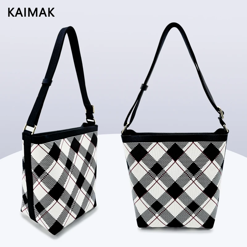 

Casual Fashion Knitted Plaid Eco-Friendly Fabric Handbag Travel Shopping Large Capacity Handbag Women Shoulder Crossbody Bag