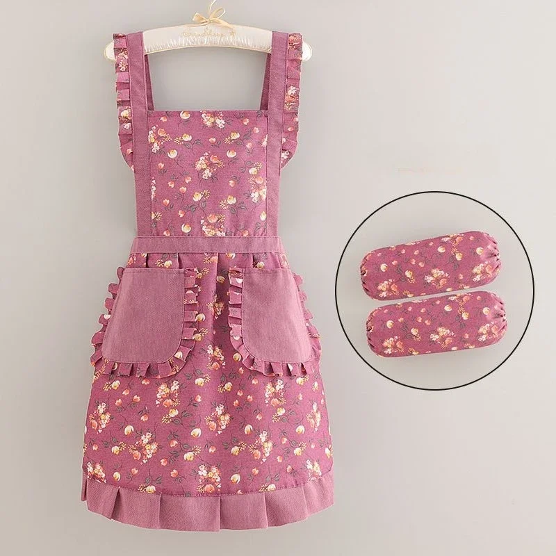 Big Pocket Kitchen Wear Resistant Apron Two Piece Apron Set Restaurant Apron Floral Strap Apron with Sleeve Cover Kitchen Apron