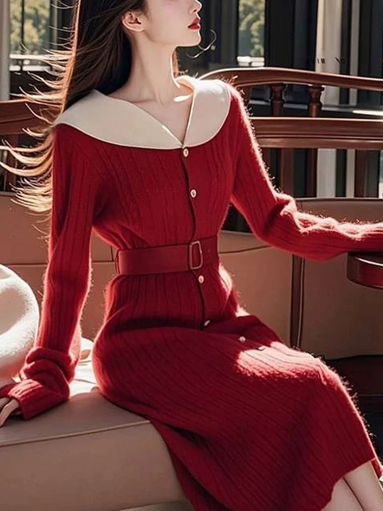 Rood Gebreide Dr Dames Hoge Taille A-lijn Rok Sle Pendelen Faion Herfst Winter Nieuwe Collectie Innerlijke Slijtage Trui Dr