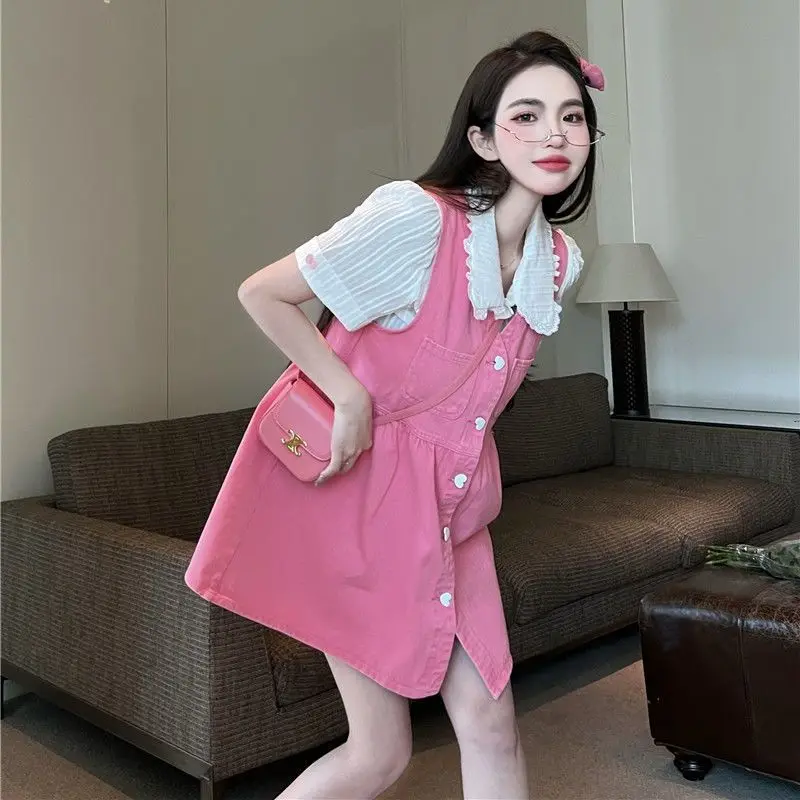 Kawaii Strap Denim Dress Suit for Women 2024 Summer Short Sleeve Shirt + Jean Mini Dress High Waist Loose Skirts 2 Piece Outfit