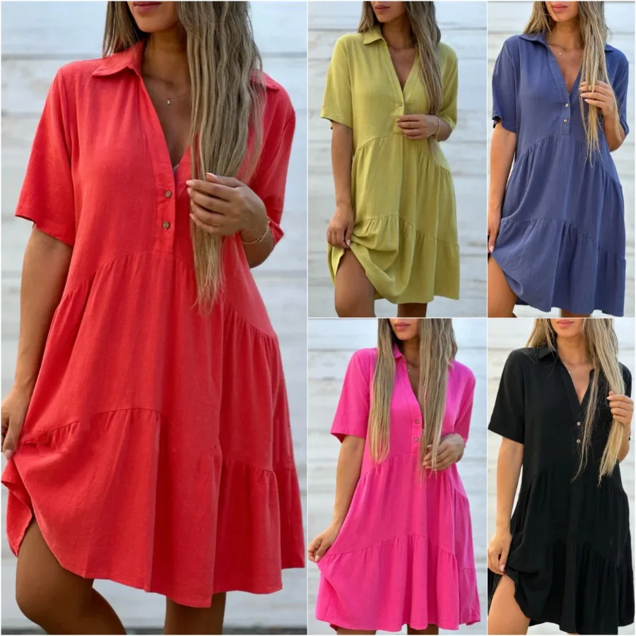 

【New style】- European and American women's clothing skirt loose solid color lapel casual short-sleeved cotton dress