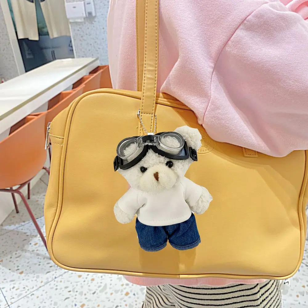 Creative With Glasses Pilot Bear Keychain Jeans Stuffed Plush Doll Keychain White T-shirt Cute Bear Doll Bag Pendant Car Keyring