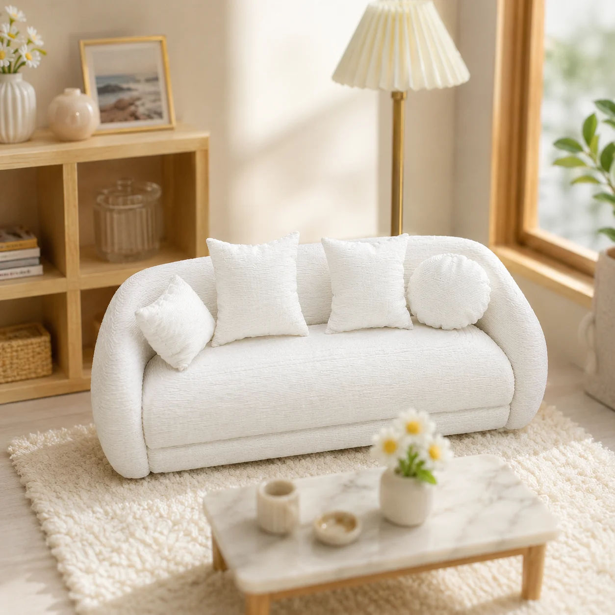 Weißes Sofa-Modell für Puppenhäuser mit Kissen, Miniatur-Wohnzimmermöbel-Dekoration, Zubehör für kleine Haus-Szenen. – Detail 4