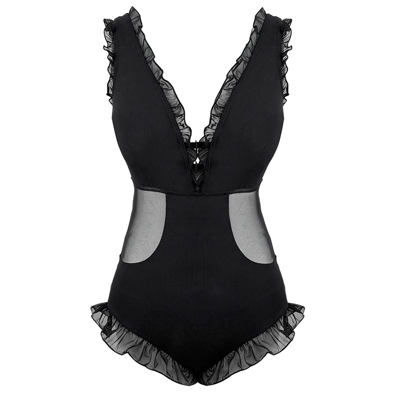 Temperamento Sexy cuello en V clásico negro Triangular de una pieza traje de baño Sexy verano niñas nuevo sin espalda hueco piscina playa traje de baño
