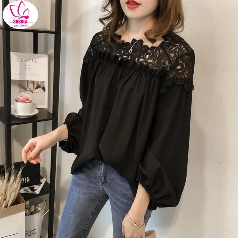 SUSOLA Spring Lady New Korean Trend Crochet Lace Stitching Chiffon Blouse Long Sleeve Jacket Women Blouses & Shirts