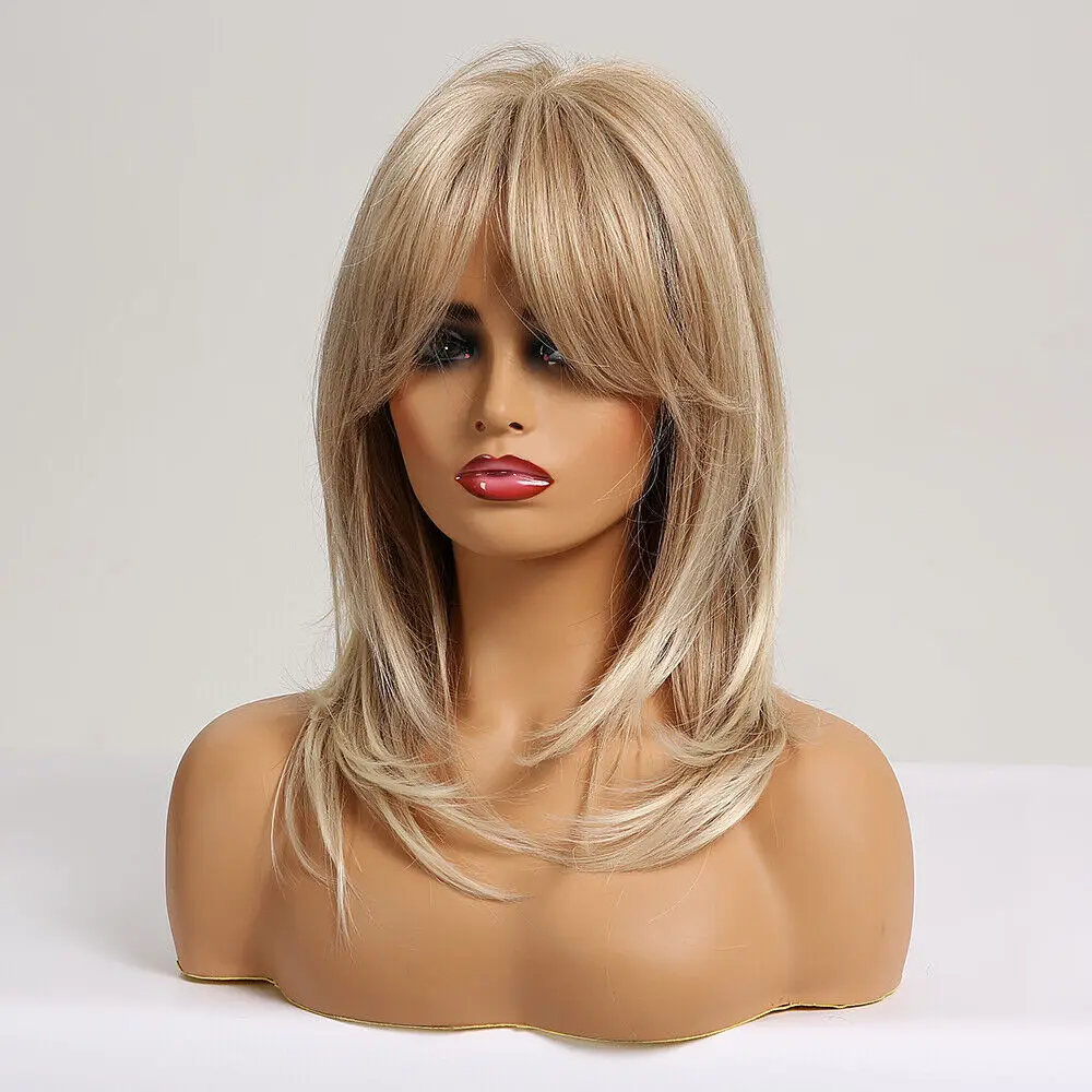 Middle Long Straight Synthetic Wigs Blonde Highlight Layered Wig with Side Bangs