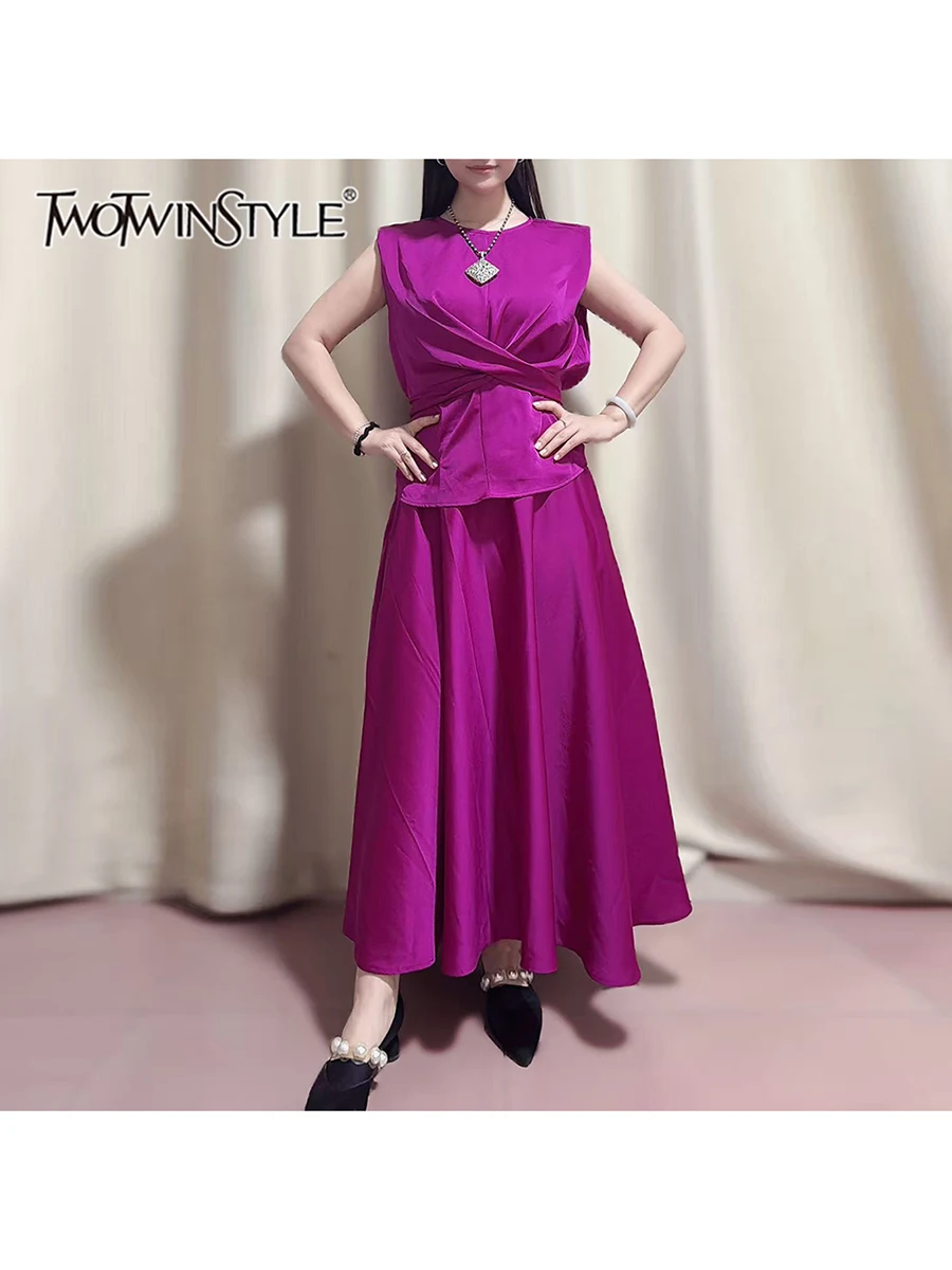 

TWOTWINSTYLE Solid Elegant Two Piece Set For Women Round Neck Sleeveless Tops High Waist Patchwork Folds Skirts Sets Female New