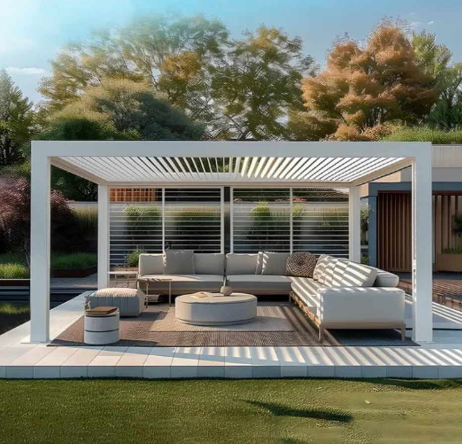 

Наружная электрическая алюминиевая жалюзи, крыша, водонепроницаемая, с регулируемой яркостью, светодиодное освещение, современная биоклиматическая беседка