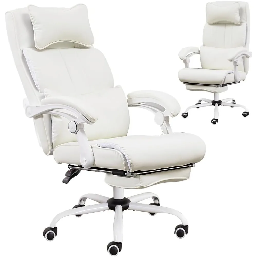 

High Back Office Chair with Foot Rest, Reclining Desk Chairs with Footrest White Computer PU Leather Chair, Big and Tall Office