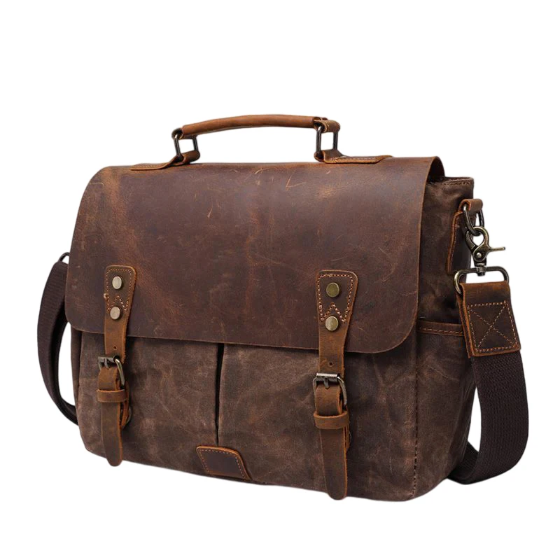 Retro wax printed waterproof canvas camera bag, British style crazy horse leather casual shoulder bag, outdoor daily versatile