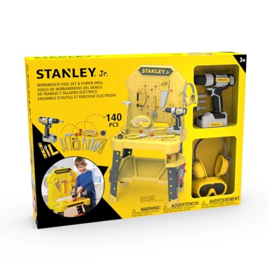 Pretend play kids tool bench for home use, made of durable plastic, red and yellow color, includes 140 PCS toolset with storage
