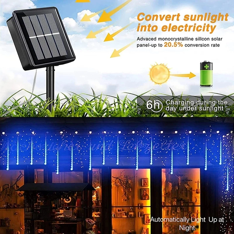 Solar led chuva de meteoros luzes da corda do feriado luzes impermeável jardim luz 8 tubos 144 leds decoração de casamento de natal.