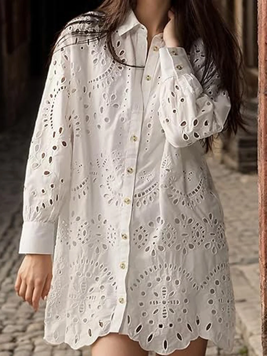 Women Casual Shirt Dress Long Sleeve Turn-down Collar Button-down Dress Solid Hollowed Fall Mini Dress