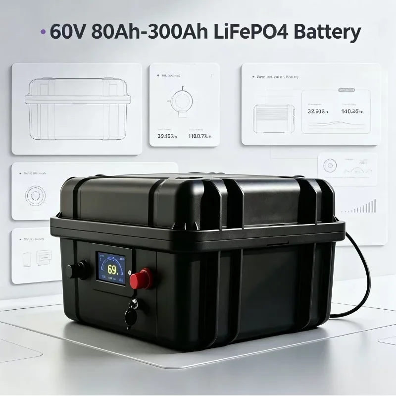 60V LiFePO4 Battery 50-200Ah with Integrated Smart BMS Deep Cycle Rechargeable Storage Power Source for Electric Mobility Device