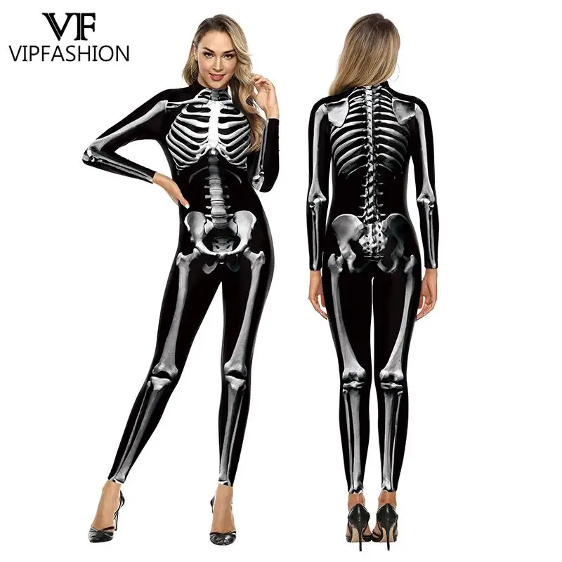 VIP FASHION Sexy Zentai Suit for Women Movie Cosplay Cosplay Skeleton Printed Bodysuit Fancy Jumpsuit Halloween Party Clothes