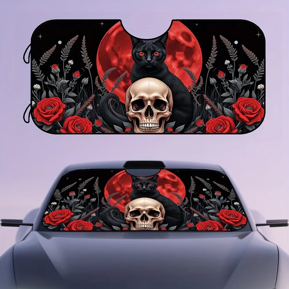 

1pc Gothic Black Cat Moon Skull Art Sunshade For Cars - Foldable Front Windshield Cover With Red Roses & Black Cats Design, UV P