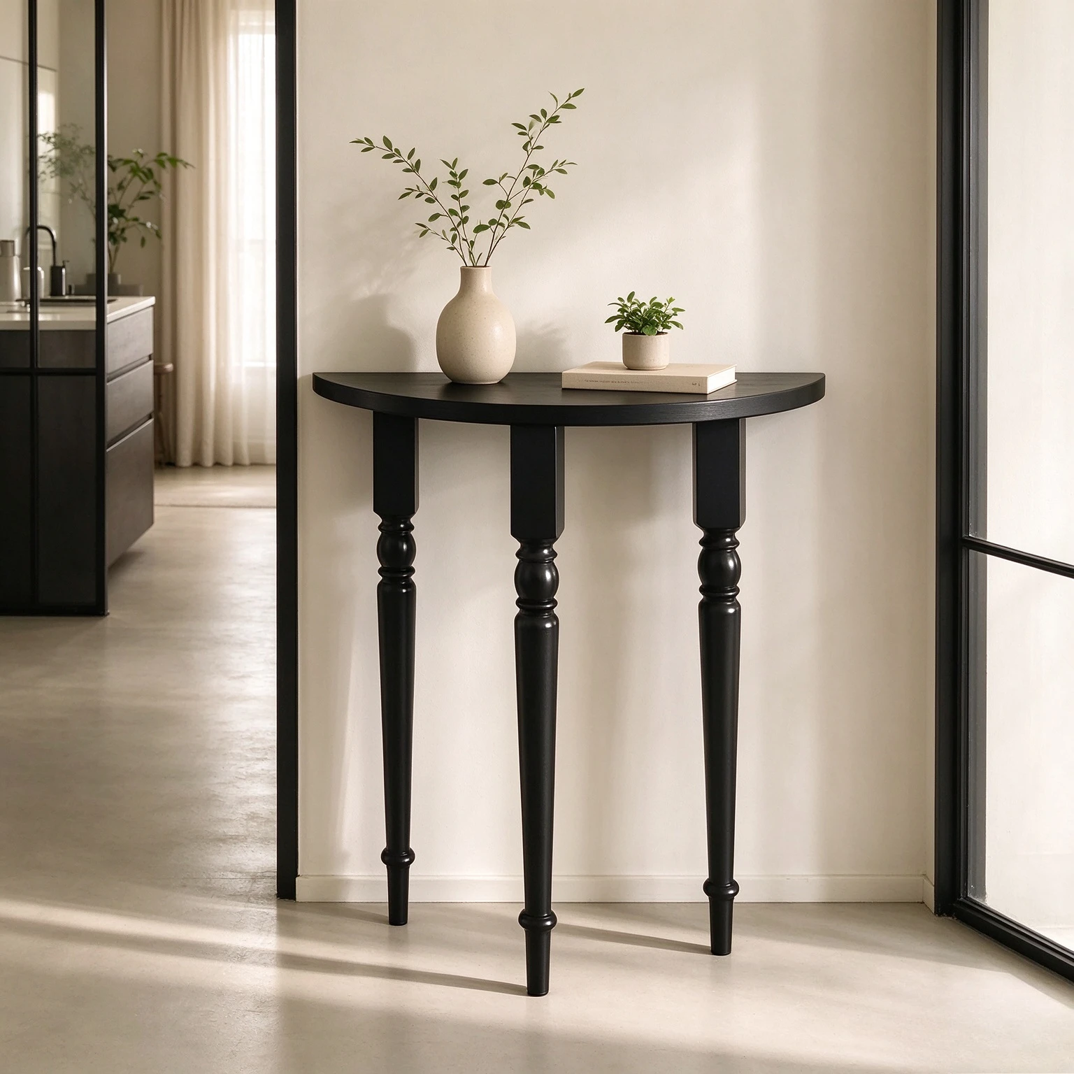 Scandinavian Solid Wood Semi Circular Console Table, Narrow Entryway Display Stand for Hallway, Living Room and Small Apartment