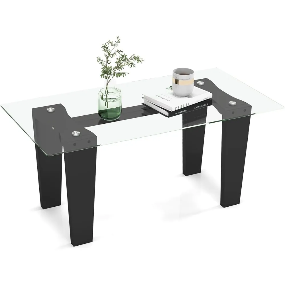 Rectangular Glass Coffee Table, Modern Tempered Glass Top Accent Table with Transparent Tabletop & Rubber Wood Frame