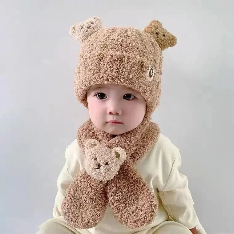 Warm Baby Hat and Scarf Set Cute Bear Thickened Winter Hat for Boys and Girls Windproof Fleece Newborn Photography Accessories