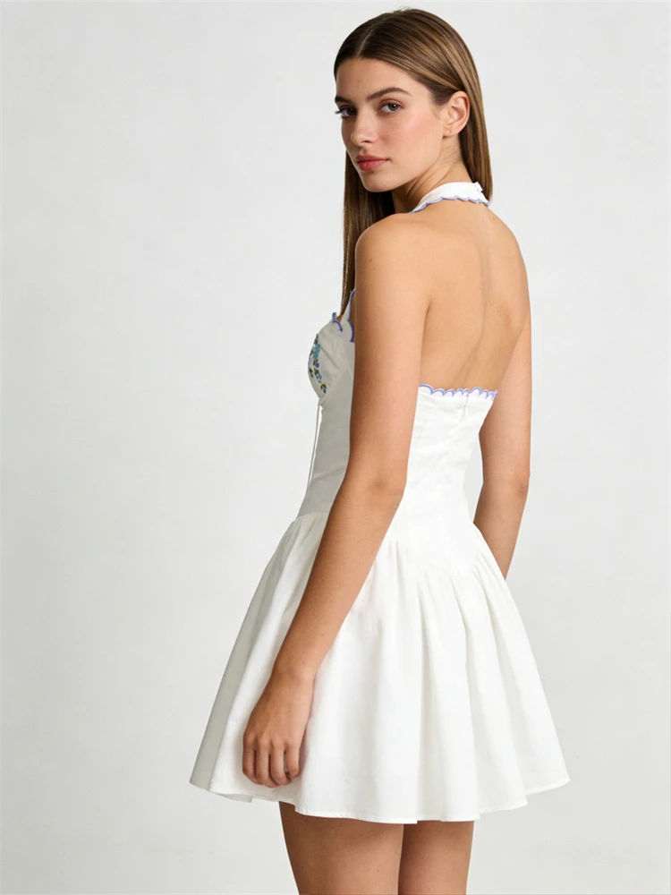 Mini abito con ricamo floreale all'americana Abito estivo da donna con papillon senza maniche con volant e schiena scoperta Abiti da vacanza da donna sexy Boho Party Nuovo