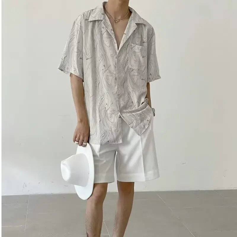 

Men's Oversized Ice Silk irt Cuban Collar Beach Casual Faion Brand Polyester Fiber ort Sve Print No Iron Treaent