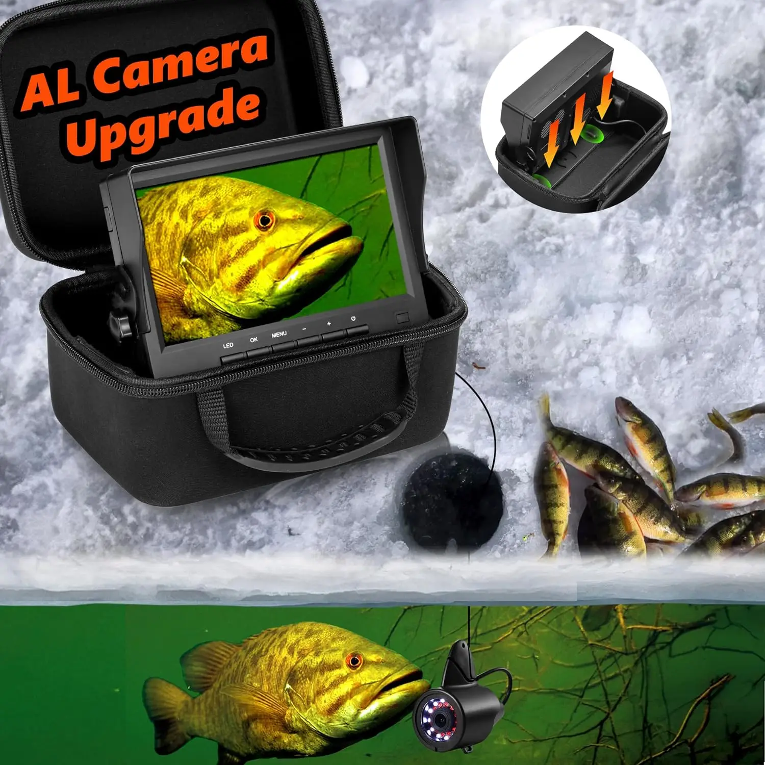 

Upgraded 7'' Underwater Fishing Camera with 1200TVL, 12 IR & LED Lights, 4500mAh Battery for Ice Fishing Gifts