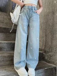 Summer Girls Middle School Fashion Loose Solid Color Small Love Jeans Casual Pants Wide Leg Pants 4-10 Years Old