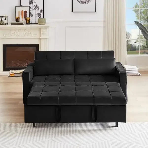 Modern velvet lounge sofa with pull-out bed that can be converted into a sofa bed, side coffee table, adjustable backrest