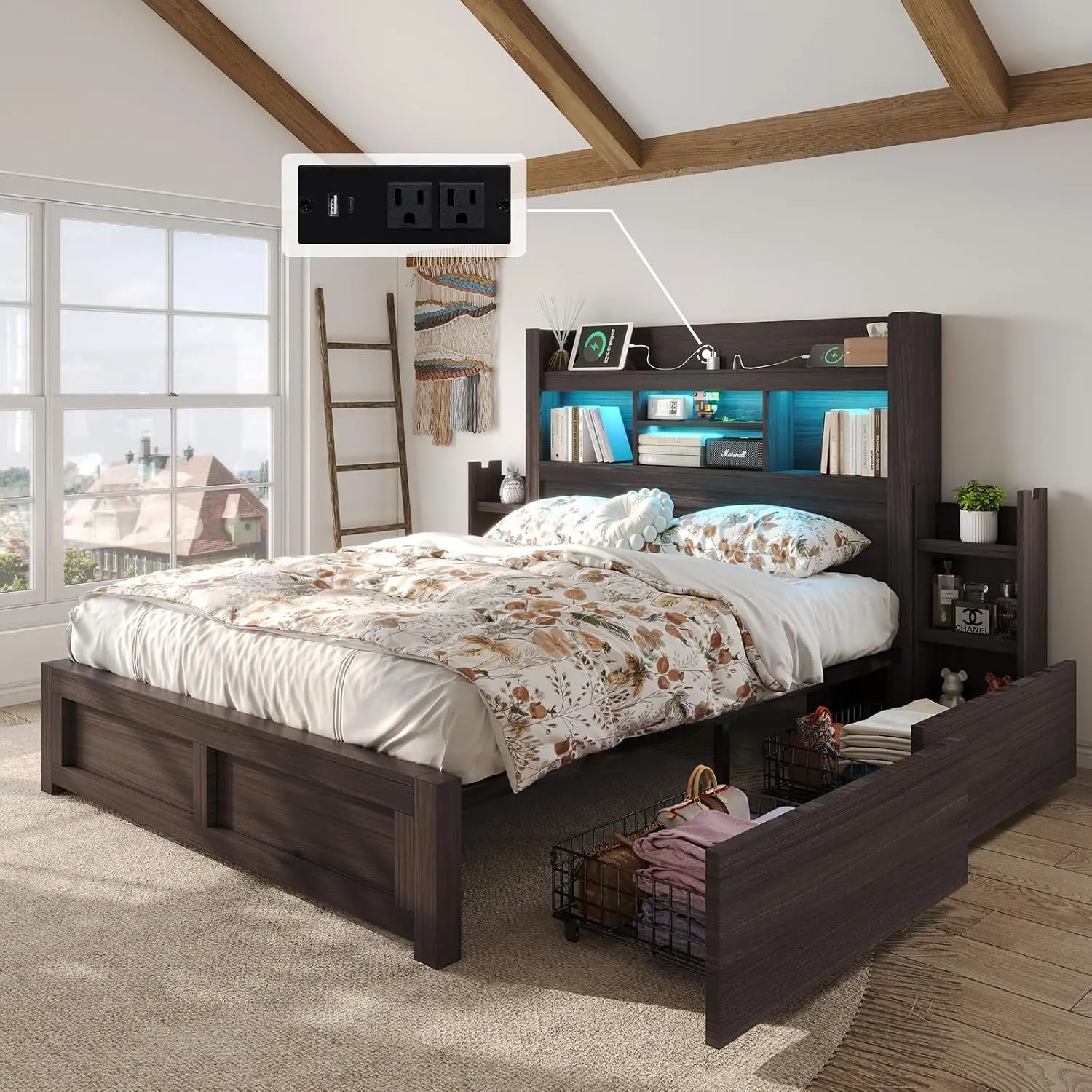 Full Bed Frame with Storage Bookcase Headboard Metal Platform No Box Spring Needed Black, Customized