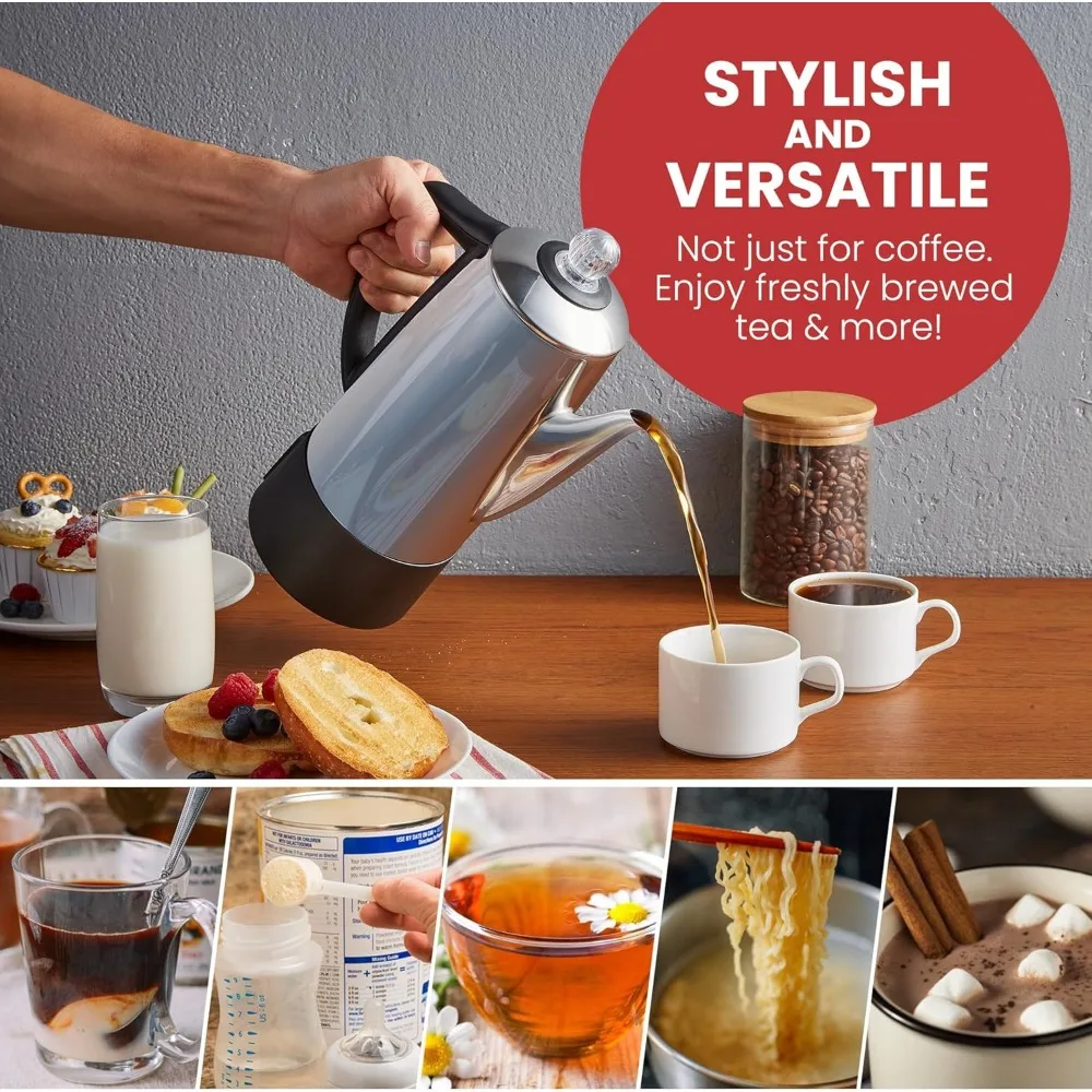 Электрический перколятор для кофе на 6 чашек сохраняет тепло, прозрачная ручка процесса заваривания, ручка Cool-Touch, беспроводная подача, нержавеющая сталь