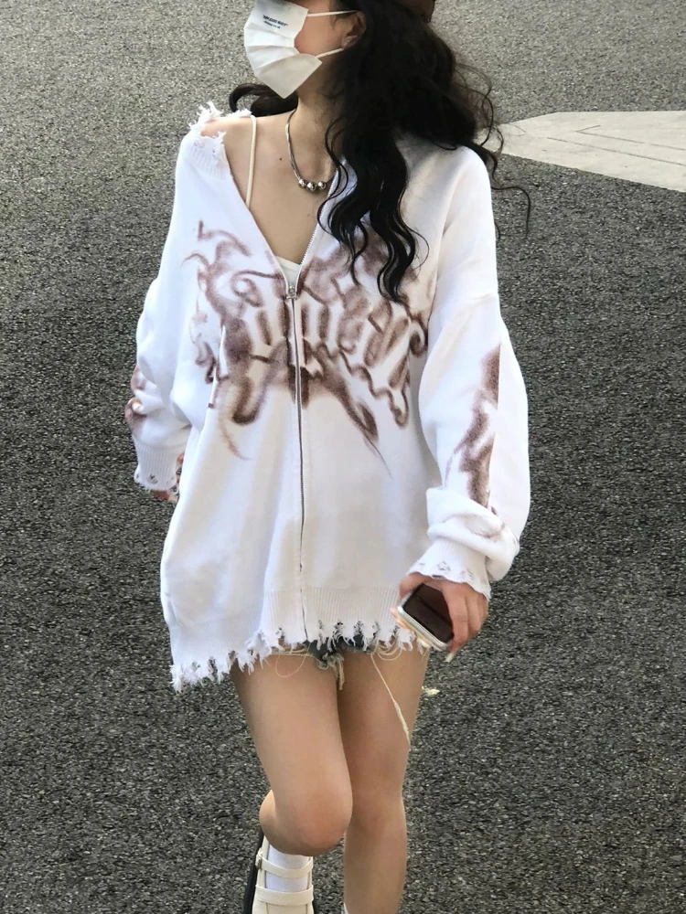 KOSAHIKI Y2k Cardigan Women Ripped Oversized Jumper Vintage Tie Dye Letter Knitted Zipper Sweater Jackets Harajuku Streetwear