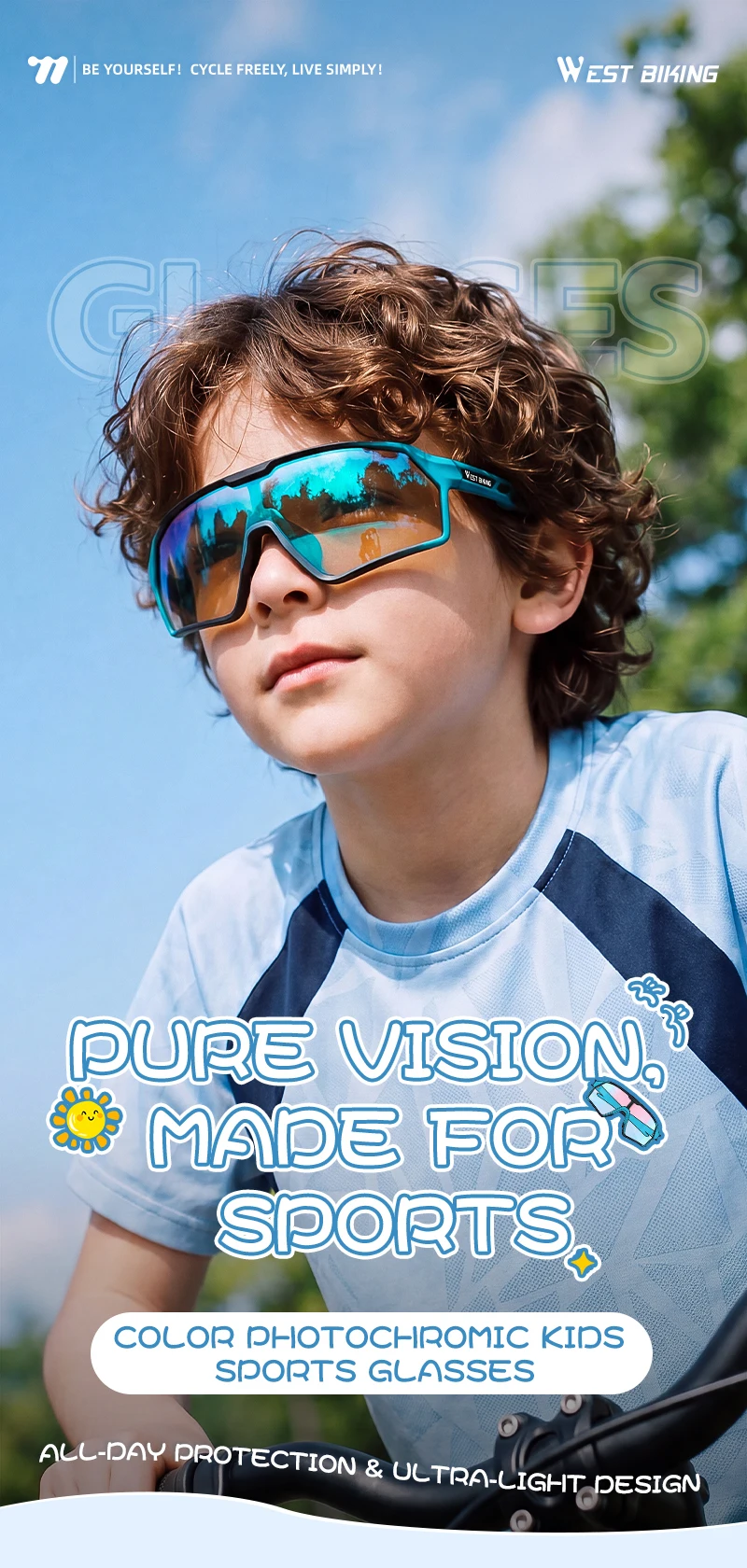 WEST BIKING Photochrome Fahrradbrille für Jungen und Mädchen, TR90 Sportsonnenbrille, UV400, mit flexiblem Rahmen und verstellbarem Nasenpolster – Detail 1