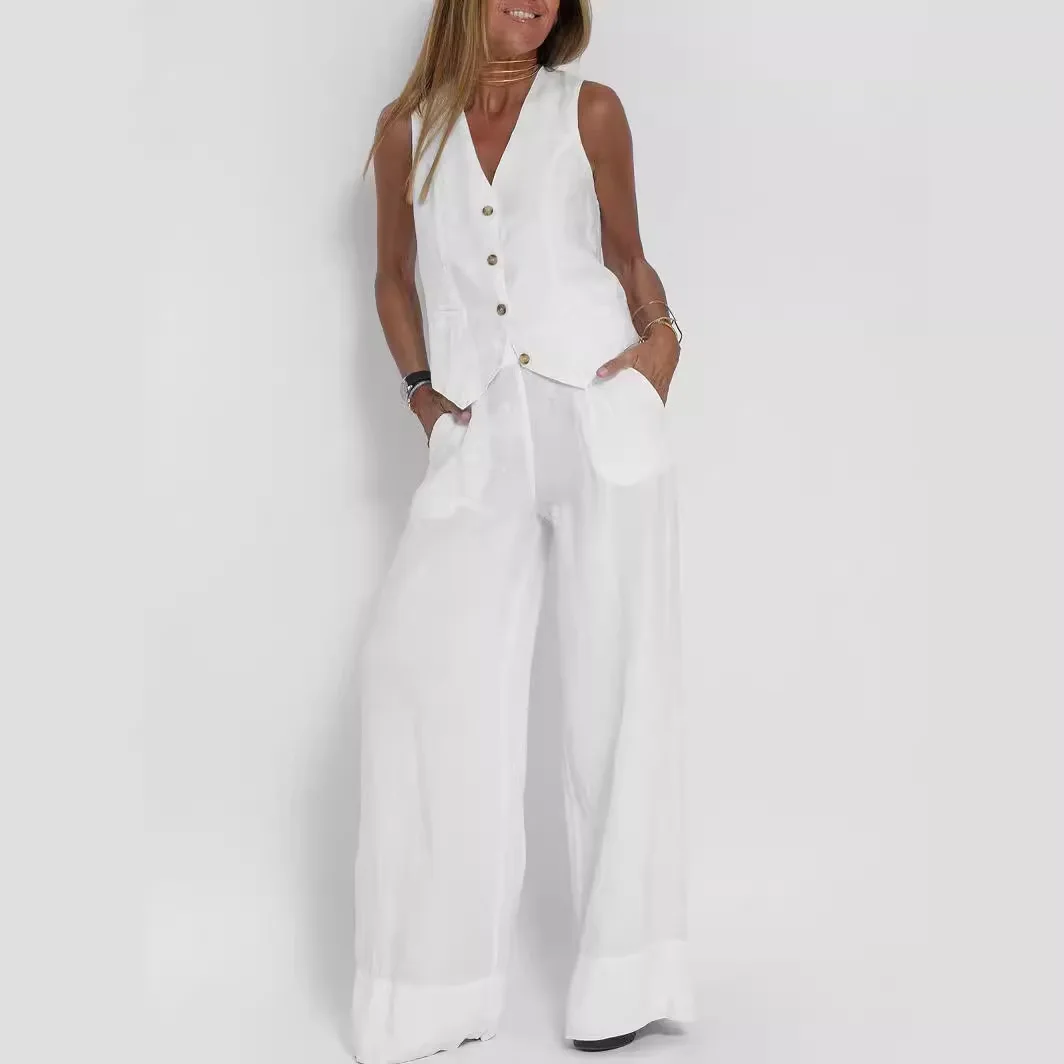 Fashion Casual Solid Vest Pants Suit For Women New Summer V-neck Button Top Pocket Elastic Waist Trousers Outfits Two-piece Suit