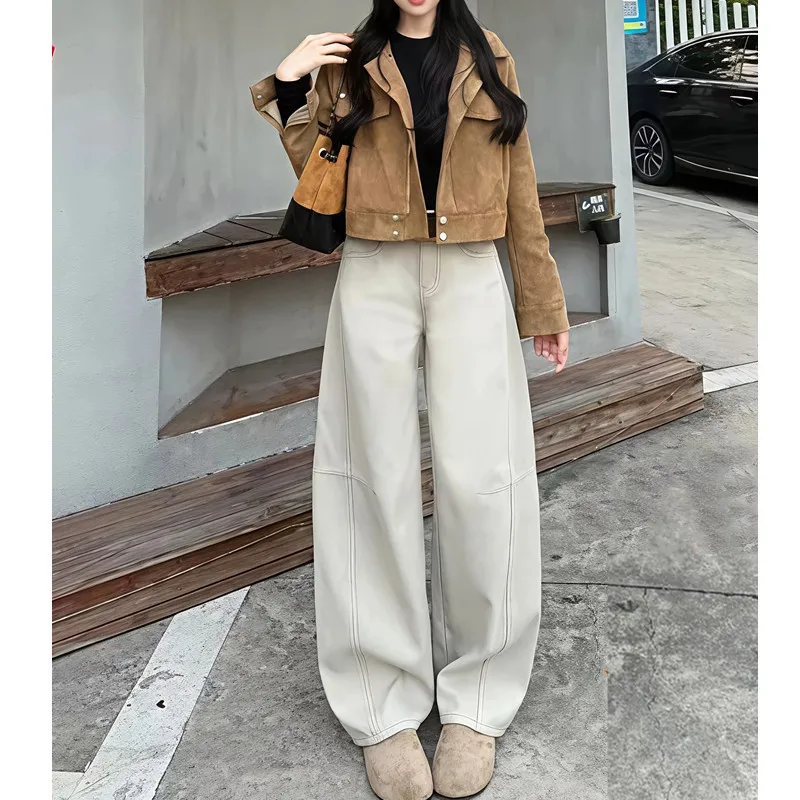 Women's Beige Wide Leg Trousers, High Waist Straight Leg Pants with Stitched Detail, Casual Baggy Pants for Fall & Winter