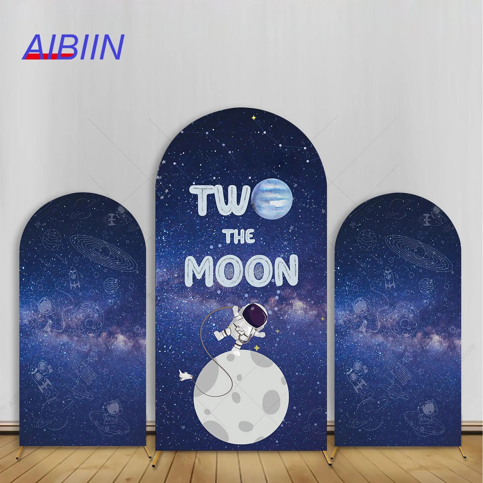 

Two The Moon Happy Birthday Arch Backdrop Cover Dark Blue Space Astronaut Planet Adventure Boy 2nd Cake Party Decor Background