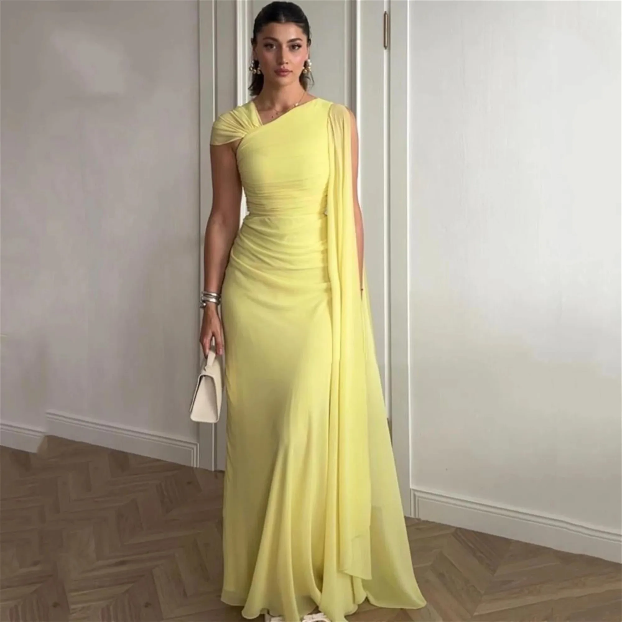 

Chic Yellow Evening Formal Dress One Shoulder Chiffon Pleats Floor Length A-line Prom Pageant Party Gowns Robe De Soiree
