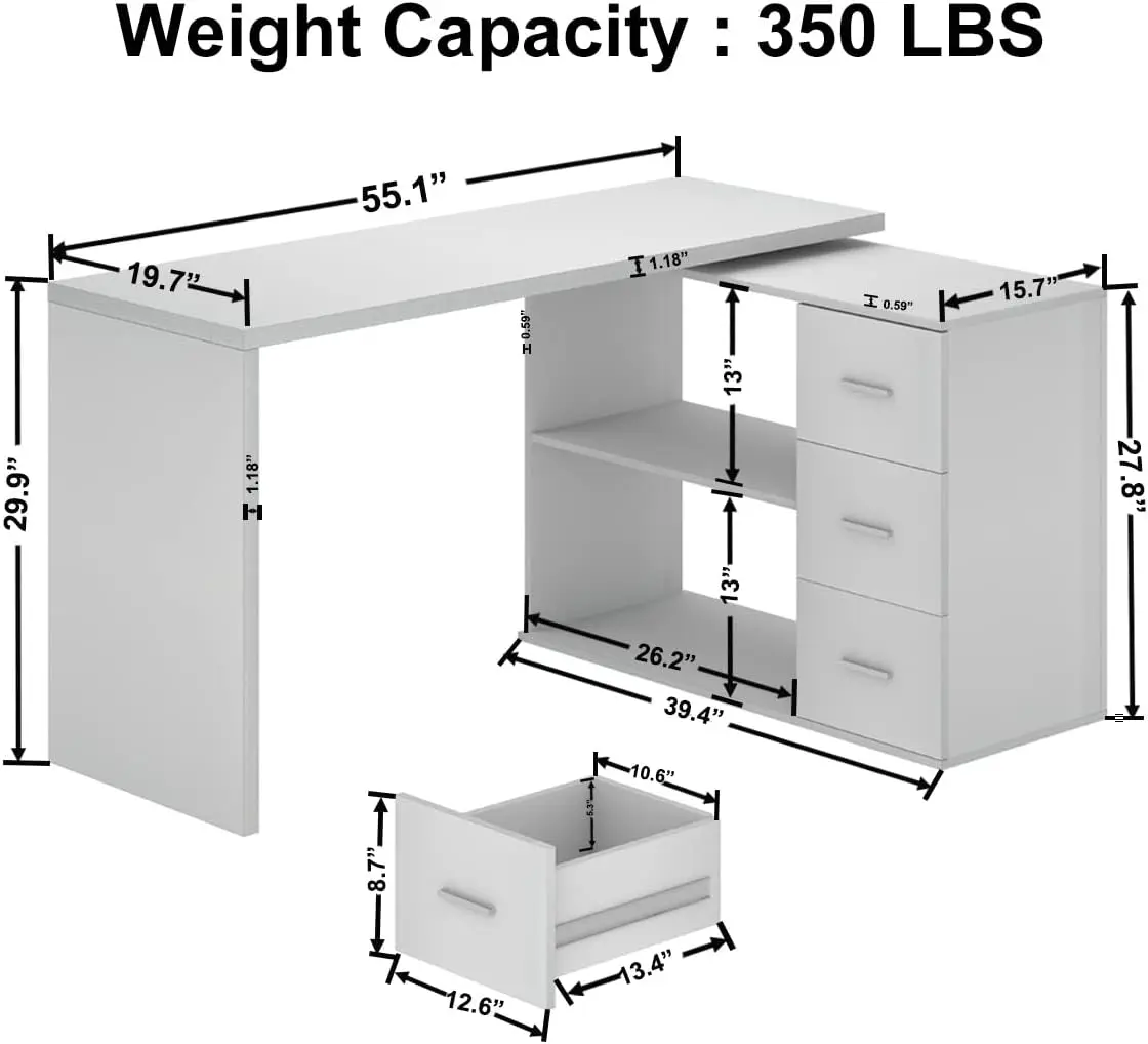 Hsh White L-Shaped Computer Desk With 3 Drawers And 2 Shelves, Reversible Home Office Corner Desk For Writing Study Work