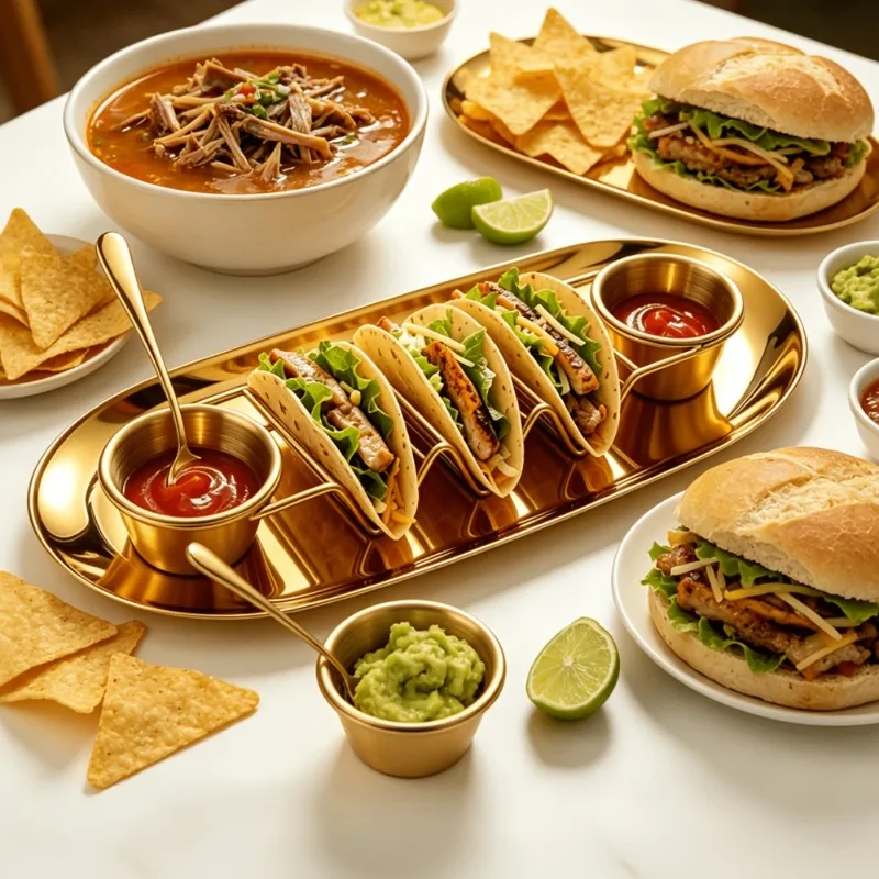 1Set Taco Serving Utensils Set, Stainless Steel Taco Holder, Dressing Cups, Seasoning Spoons and Serving Tray, Elegant Taco Stand Accessories, Suitable for Home, Kitchen, Restaurant and Party Use, Ideal Gift for Mother's Day & Housewarming