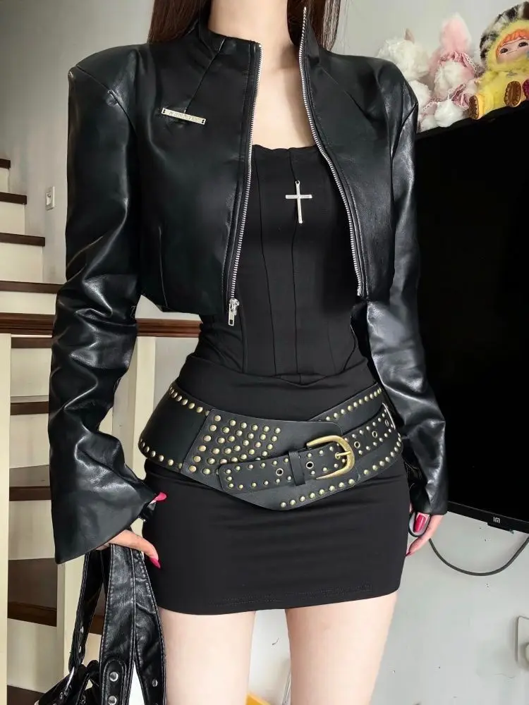 

Готический винтажный тонкий комплект из 2 предметов для девочек, женское эстетичное весеннее тонкое кожаное пальто Y2k с открытыми плечами, черный комплект на бедрах, костюм