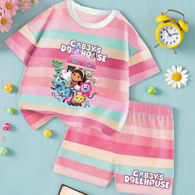 

Cartoon Gabby Dollhouses Summer Clothing Sets Kids Girls Kawaii Outfits Short Sleeve T Shirt + Elastic Waist Shorts 2pcs Gifts