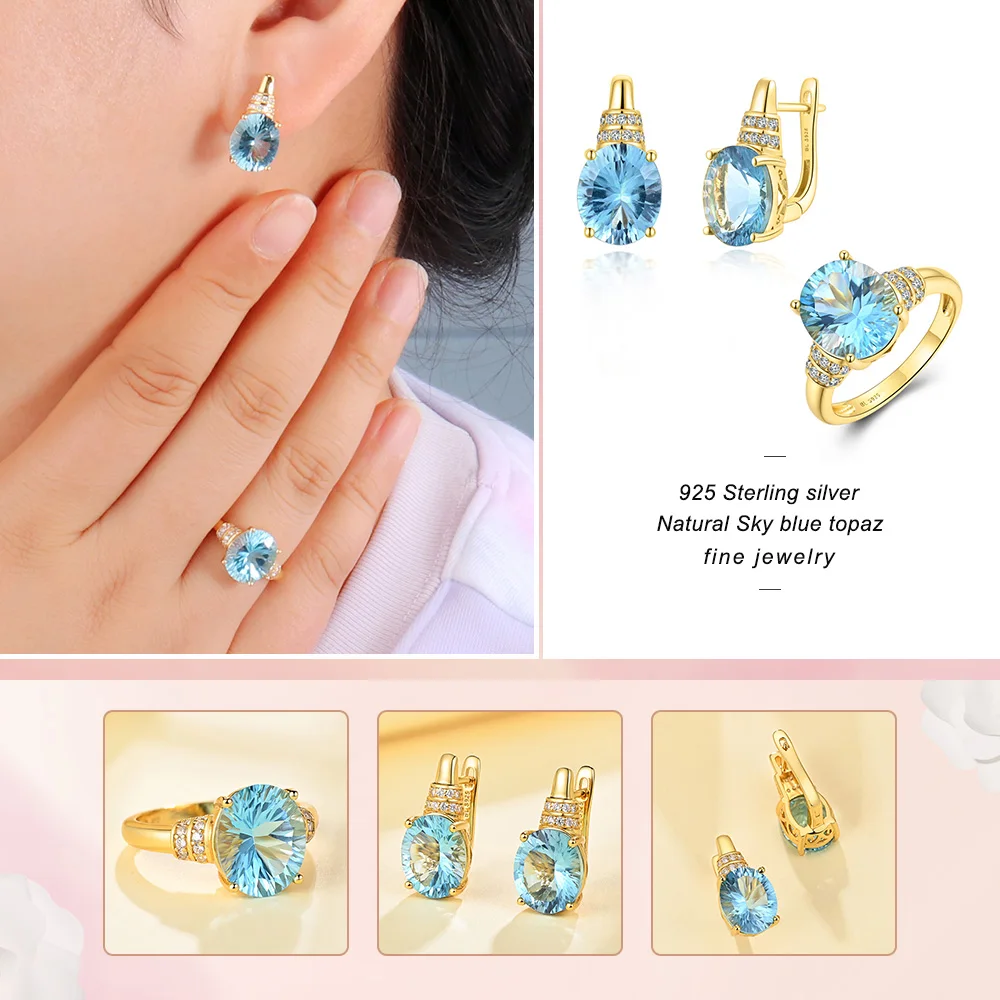 2024 new Simple Clasp Earrings & Ring jewelry set  Natural Sky Topaz oval 10*12mm Gemstone Fine Jewelry for Women nice gift