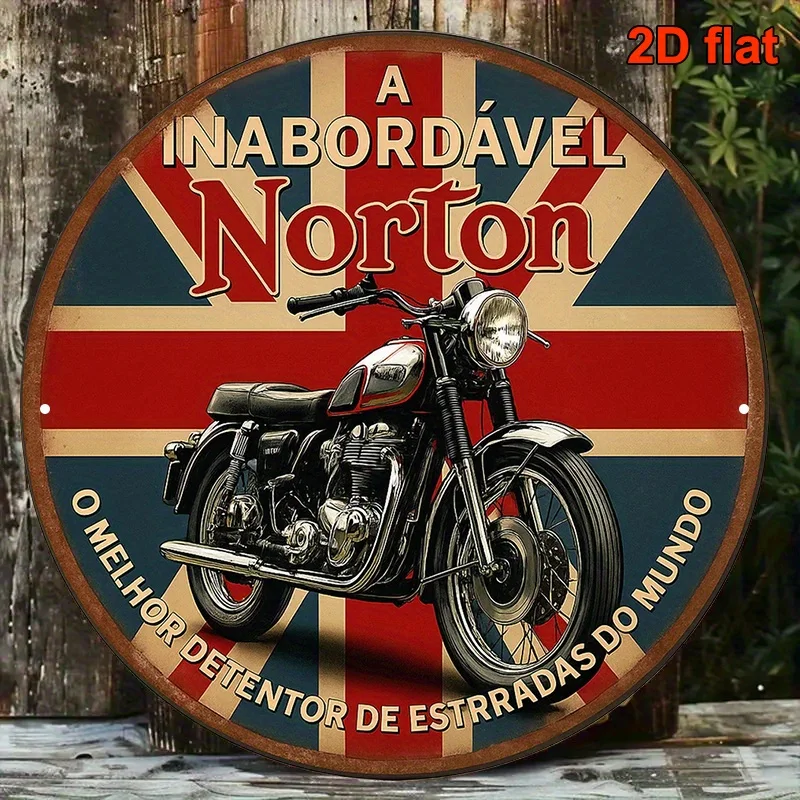 2D Flat, Round Portuguese Aluminum Sign, a Decorative Plaque Related to Vintage Norton Motorcycle Posters,