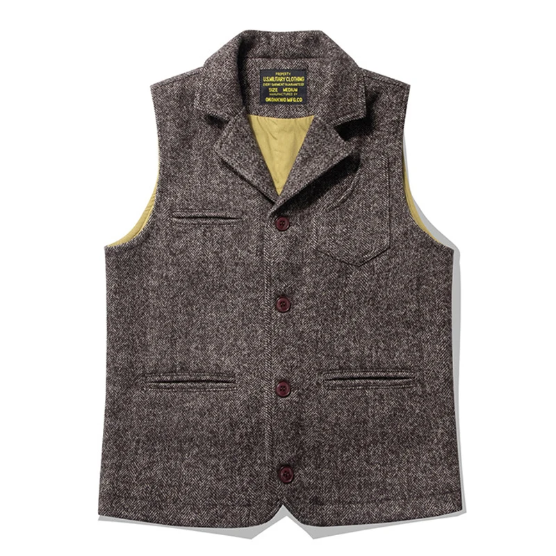 British Style Men's Vests Coarse Floral Wool Thick Double Layered Multi Pockets Suit Collar Vest Classic Business Casual Coats